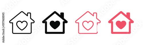 Home with heart vector icon set, love house symbols, outline and filled house with heart icons.