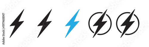 Lightning bolt strike icons set representing electric power energy flash and quick charging speed symbols.