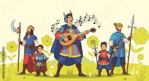 Illustrative fantasy characters ensemble with a musician and medieval family scene outdoors