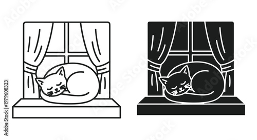 Two depictions of a cat sleeping in a window, monochrome icons