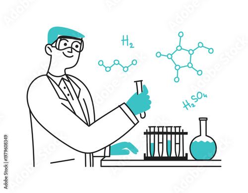 Doodle people, a laboratory technician with a test tube in his hand. Medical laboratory. Chemist, analysis, samples. Vector isolated illustration