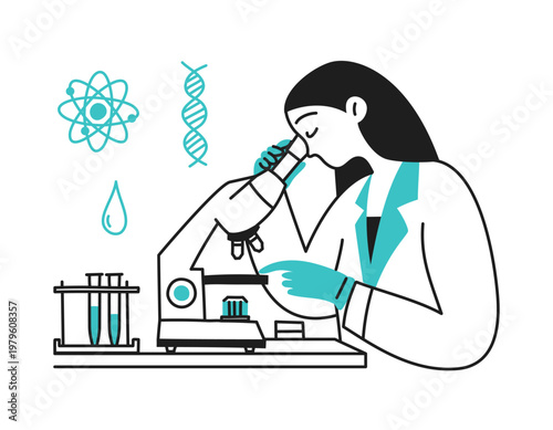 Doodle people, a female lab technician conducting research through a microscope. Medical laboratory. Chemists with test tubes, analysis, and samples. Vector illustration