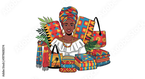 African woman selling traditional colorful textiles and fashion goods isolated on white background