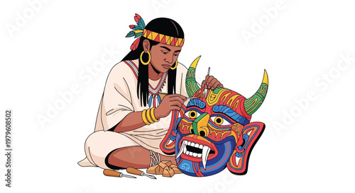 Indigenous artisan painting a vibrant traditional devil mask vector isolated on white background