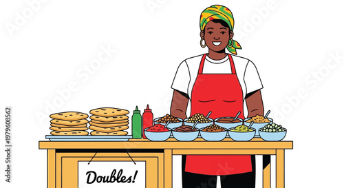 Woman serving doubles street food at a roadside stand illustration isolated on white background
