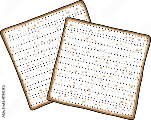 Two square pieces of traditional matzah bread presented in a clean and simple vector graphic illustration style for use during the celebration of Jewish Passover