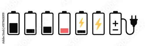 Battery power status and charging indicators set in black and red on transparent background.