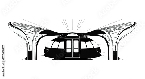Station architecture features a futuristic pod for modern urban transport systems.