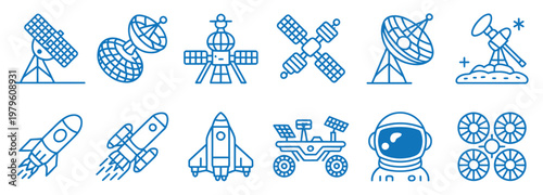 collection of communication and space technology icons in flat design vector illustration