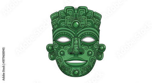 Green jade ancient Mayan mask with intricate carvings on white backdrop isolated on white background