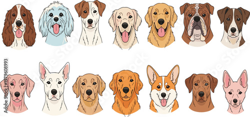 Cute Dog Face Collection Set Featuring Doberman Bull Terrier Golden Retriever Corgi and Mixed Breeds Cartoon Style Vector Illustration for Pet Design.