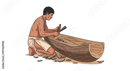 Indigenous man carving traditional wooden canoe with hand tools isolated on white background