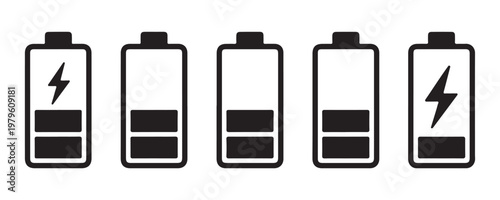 Five black battery icons arranged in a row showing different charge levels and power status with charging lightning bolt.