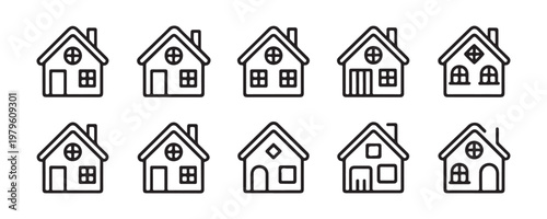 Country cottage line icon collection featuring various window and door styles for small house design elements.