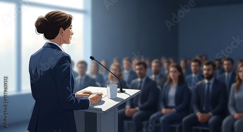 Businesswoman delivering a presentation to an attentive audience in a modern conference room.