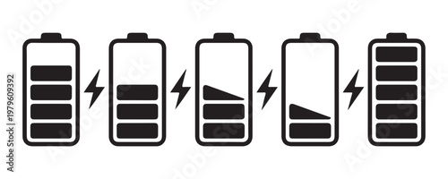 Sequence of five battery icons showing charge level progression with lightning bolts indicating charging process.