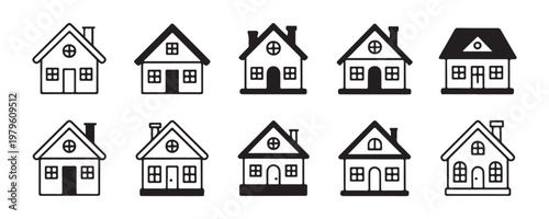 Classic house icon set with windows and doors in solid and outline styles for professional real estate marketing.