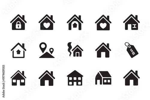 Set of 15 home icon real estate symbol flat illustration design elements isolated on transparent background.