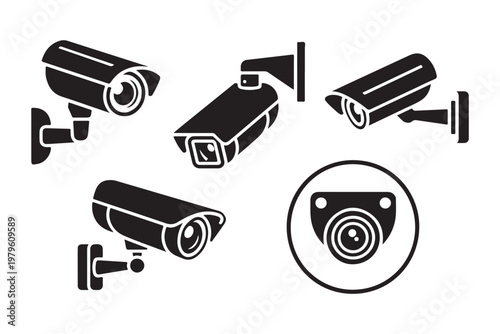 Security camera surveillance icon collection black silhouette different angles isolated vector.
