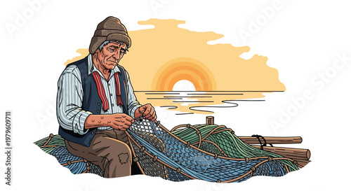 Elderly fisherman sitting on a boat repairing a large fishing net isolated on white background
