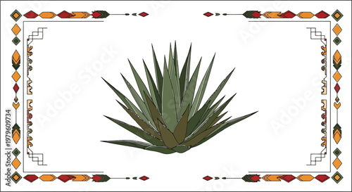 Agave plant with decorative geometric border for cultural design isolated on white background