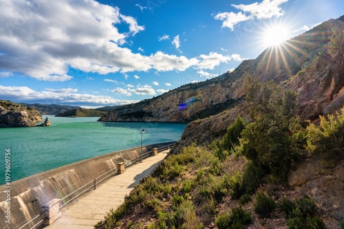 Spillway and High Water Level at Cueva Foradada Reservoir in Oliete, Spain