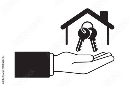 Hand holding house with keys real estate agent offering property for sale flat illustration design.