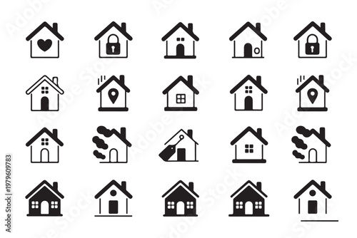 Set of 20 home icon real estate symbol flat illustration design elements isolated on transparent background.