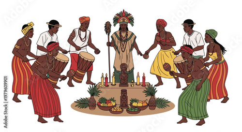 Group of people performing a traditional ritual around a ceremonial altar isolated on white background
