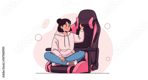 Illustration of a gamer girl sitting cross-legged on a pink and black gaming chair