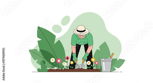 Illustration of a gardener planting flowers in a garden, surrounded by green plants and tools,