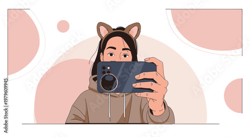 Illustration of a girl capturing a selfie with her smartphone while wearing cat ears headband