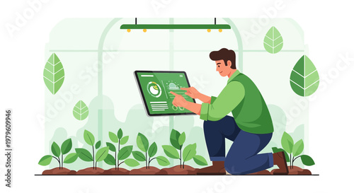 Illustration of a greenhouse worker using a tablet for smart farming and crop monitoring