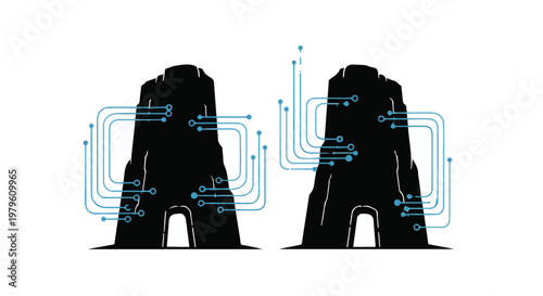 Stone monoliths integrate with electronic circuit board patterns and lines.