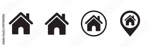 Set of home icon symbols and location pin symbol on transparent background simple graphic.