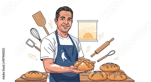 Professional baker holding freshly baked bread in artisan kitchen isolated on white background