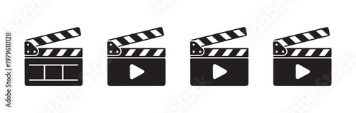 Film clapper board vector set with movie production equipment symbols for video editing and cinema industry.