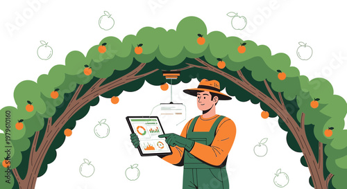 Illustration of a modern farmer using technology to monitor apple orchard production