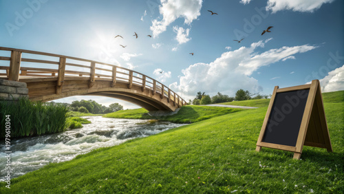 Wallpaper Mural Wooden bridge over flowing stream with green grass and blank chalkboard sign under blue sky with birds flying Torontodigital.ca