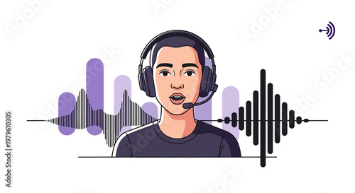 Illustration of a podcaster wearing headphones with sound wave visualizations representing audio