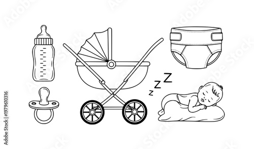 Black and white newborn baby care collection vector set with infant accessories and symbols
