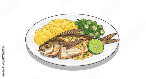 Fried fish dish served with okra and plantains on white plate isolated on white background