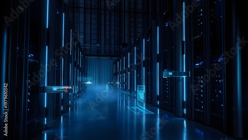 A futuristic data center with glowing blue server racks
