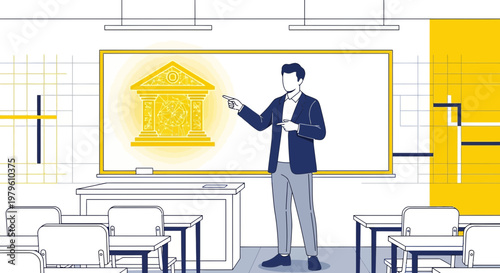 Illustration of a professor teaching about financial institutions in a classroom setting with desks