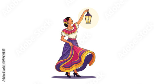 Mexican woman dancing in traditional colorful skirt holding a lantern isolated on white background