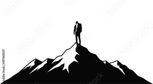 Hiker stands on a mountain peak to symbolize achieving a difficult personal goal.