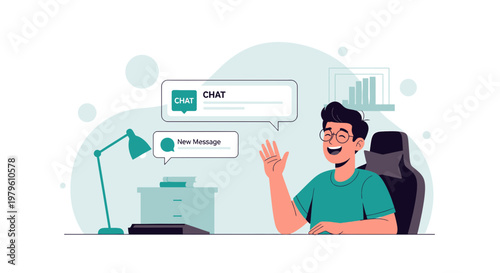 Illustration of a smiling man waving while receiving chat messages on his computer