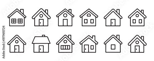 Minimalist house outline icons set showing different building facades with doors and round windows in black.