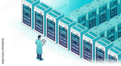 Illustration of a technician inspecting data servers in a modern data center facility