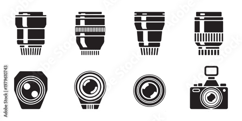 Collection of 8 solid black vector icons showcasing various camera lenses and a full camera setup.